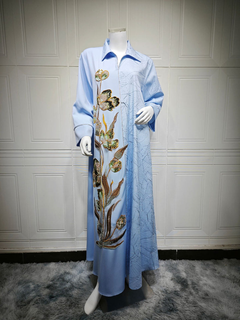 Jacquard Sequin Floral Applique Maxi Abaya Dress for Muslim Women Modest Traditional Ethnic Gown Eid Ramadan Party