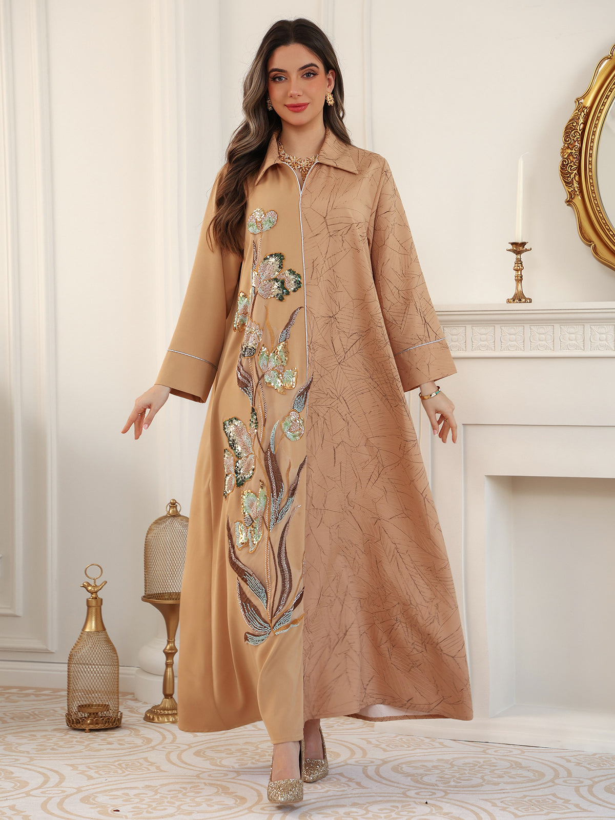 Jacquard Sequin Floral Applique Maxi Abaya Dress for Muslim Women Modest Traditional Ethnic Gown Eid Ramadan Party