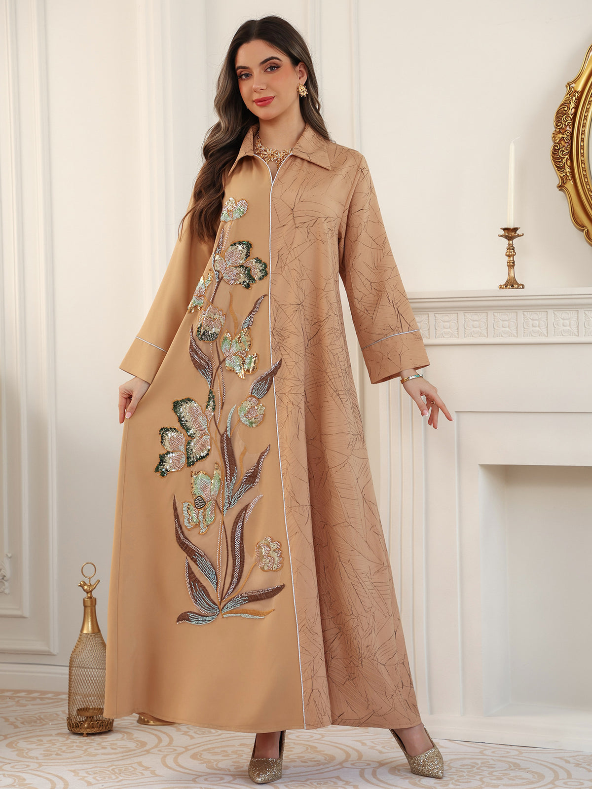 Jacquard Sequin Floral Applique Maxi Abaya Dress for Muslim Women Modest Traditional Ethnic Gown Eid Ramadan Party