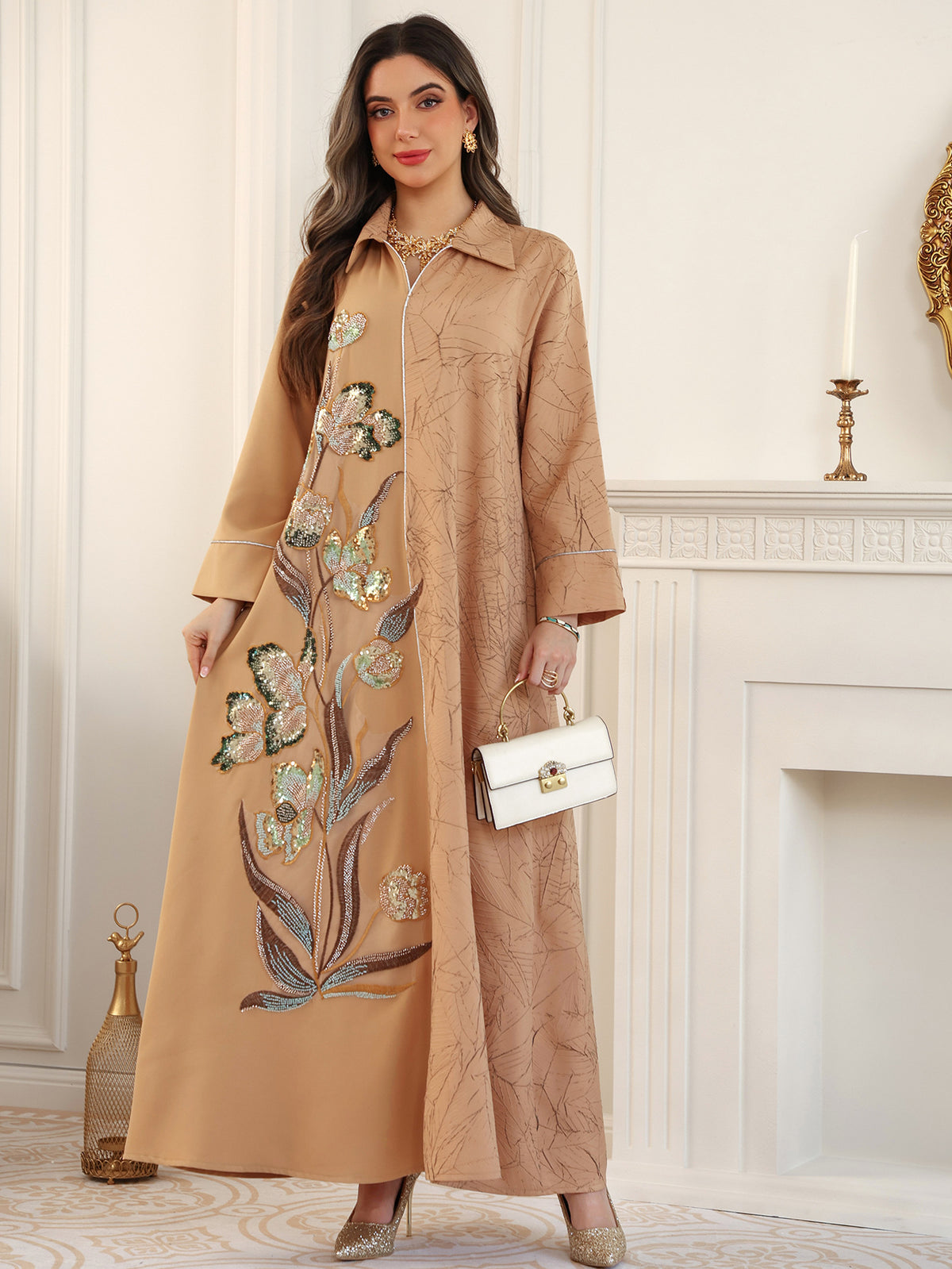 Jacquard Sequin Floral Applique Maxi Abaya Dress for Muslim Women Modest Traditional Ethnic Gown Eid Ramadan Party