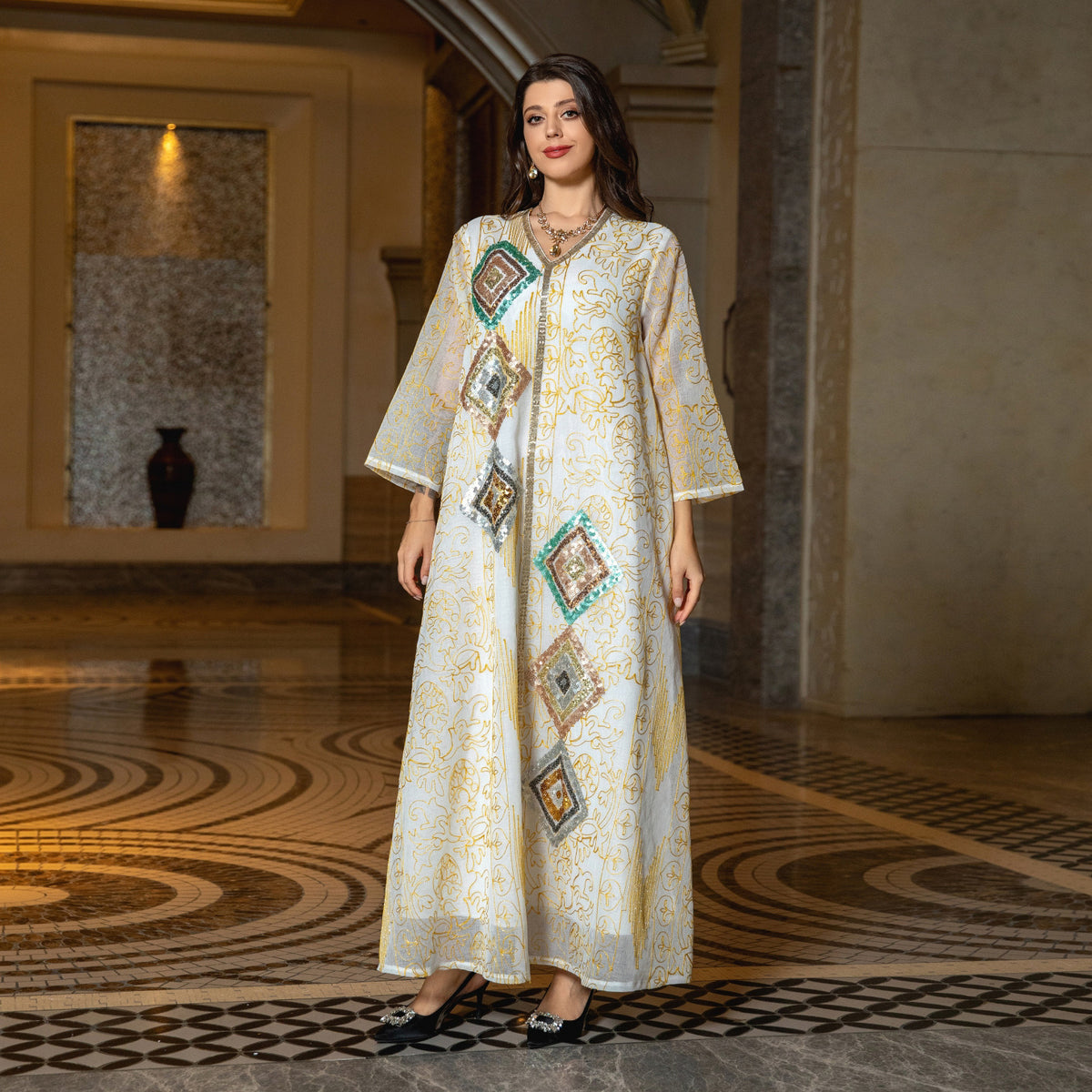 Turkish Mesh Sequined Floral Embroidered Maxi Abaya Gown for Muslim Women Elegant Off White Festive Dinner Party Dress