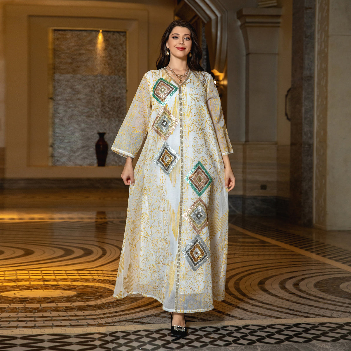Turkish Mesh Sequined Floral Embroidered Maxi Abaya Gown for Muslim Women Elegant Off White Festive Dinner Party Dress