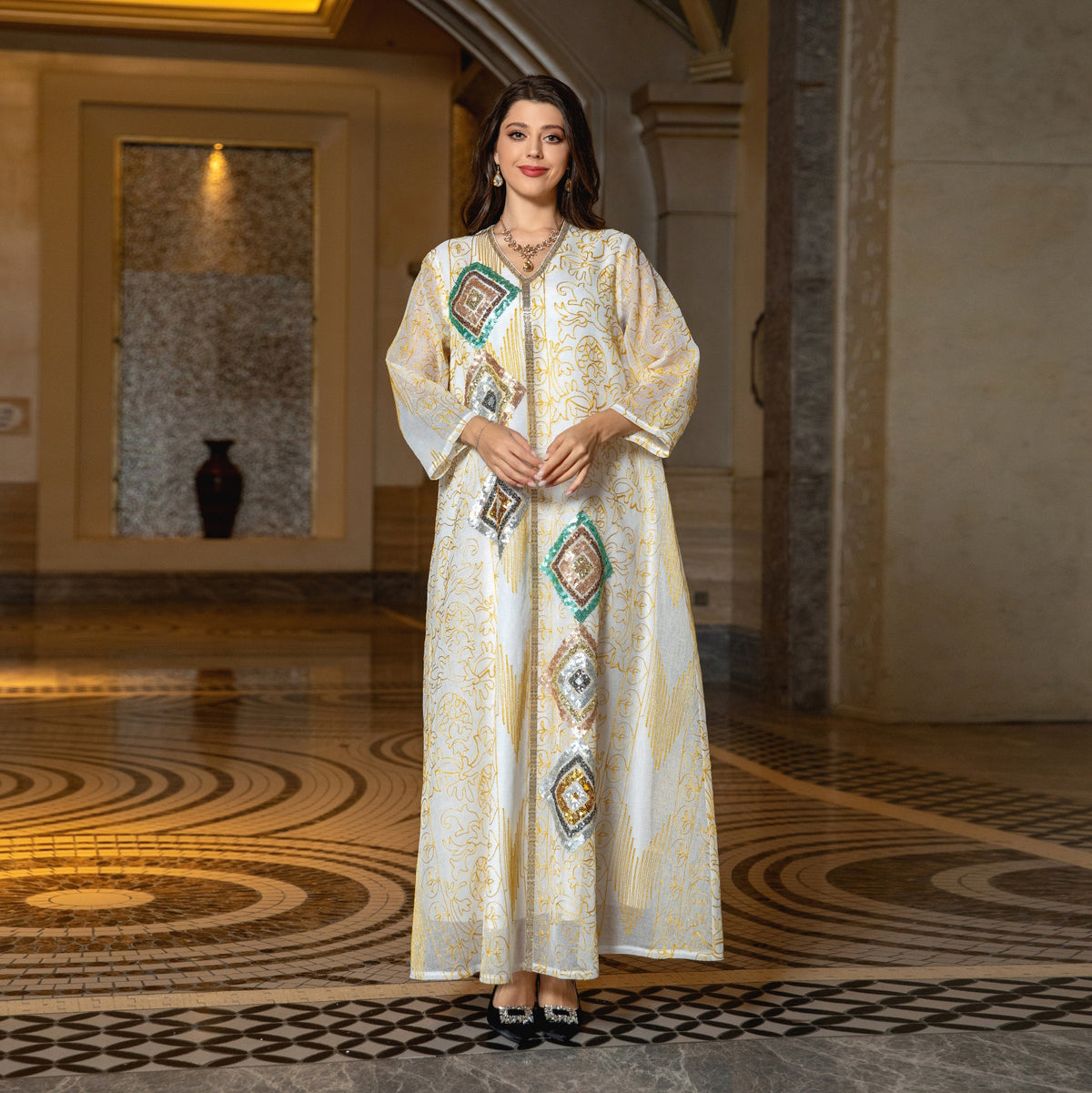 Turkish Mesh Sequined Floral Embroidered Maxi Abaya Gown for Muslim Women Elegant Off White Festive Dinner Party Dress