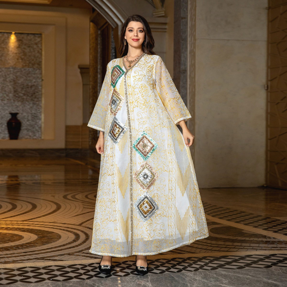 Turkish Mesh Sequined Floral Embroidered Maxi Abaya Gown for Muslim Women Elegant Off White Festive Dinner Party Dress