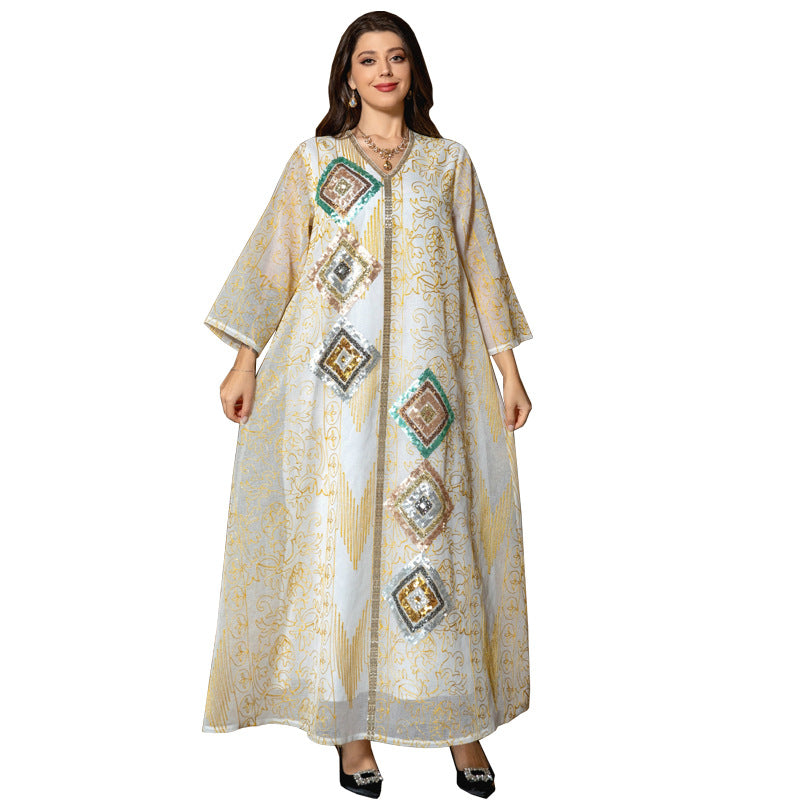 Turkish Mesh Sequined Floral Embroidered Maxi Abaya Gown for Muslim Women Elegant Off White Festive Dinner Party Dress