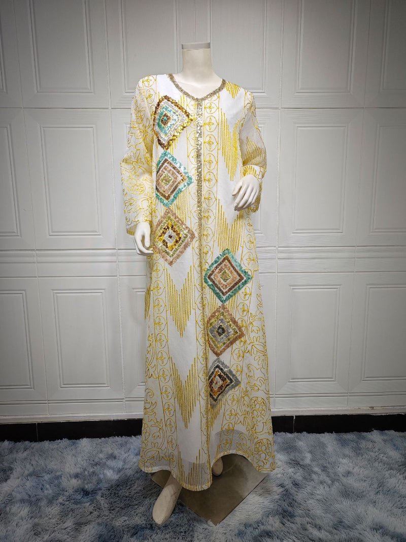 Turkish Mesh Sequined Floral Embroidered Maxi Abaya Gown for Muslim Women Elegant Off White Festive Dinner Party Dress