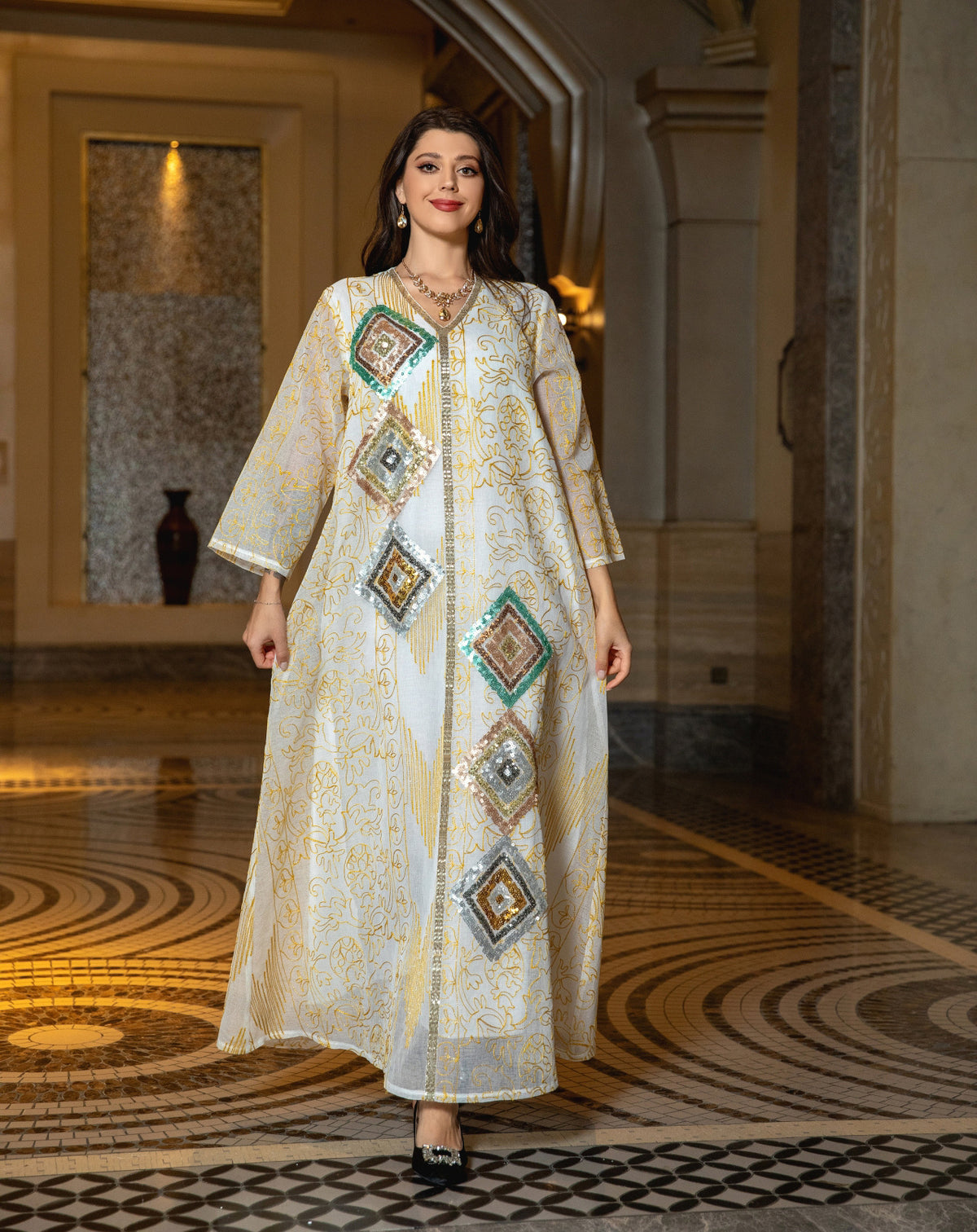 Turkish Mesh Sequined Floral Embroidered Maxi Abaya Gown for Muslim Women Elegant Off White Festive Dinner Party Dress