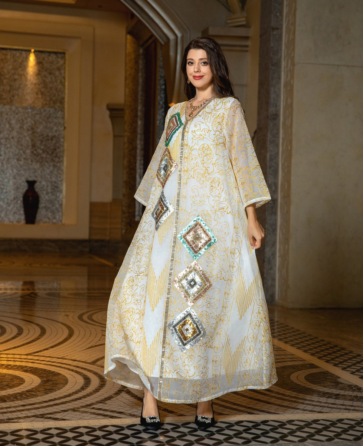 Turkish Mesh Sequined Floral Embroidered Maxi Abaya Gown for Muslim Women Elegant Off White Festive Dinner Party Dress
