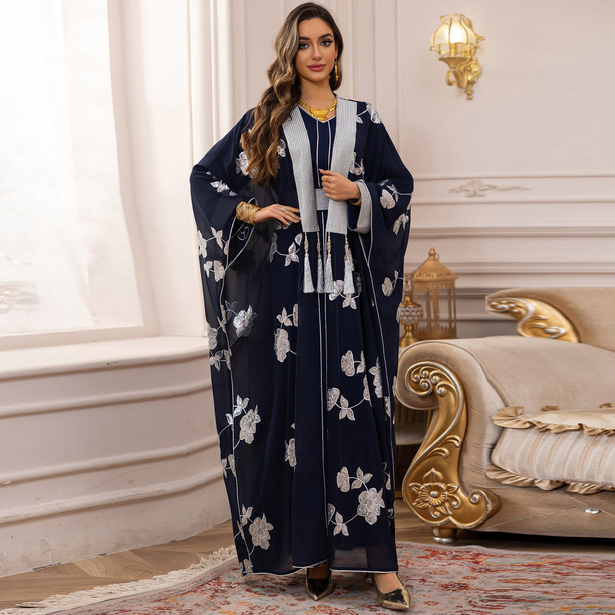 Elegant 2-Piece Embroidered Loose Jalabiya Abaya Set with Inner Slip Dress for Muslim Women Eid Ramadan Modest Maxi Robe