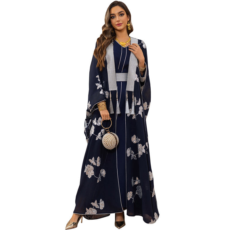 Elegant 2-Piece Embroidered Loose Jalabiya Abaya Set with Inner Slip Dress for Muslim Women Eid Ramadan Modest Maxi Robe