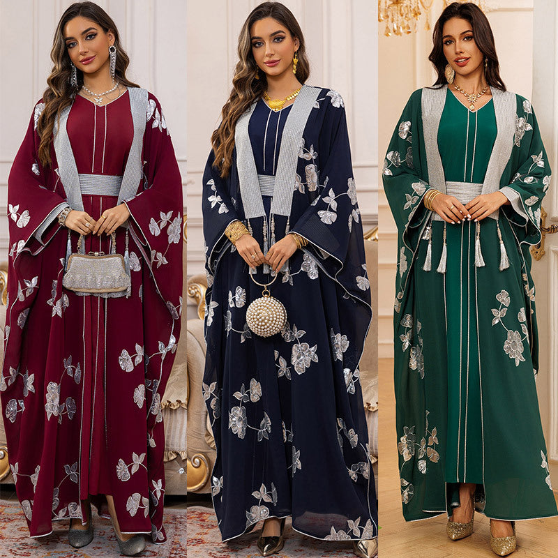 Elegant 2-Piece Embroidered Loose Jalabiya Abaya Set with Inner Slip Dress for Muslim Women Eid Ramadan Modest Maxi Robe