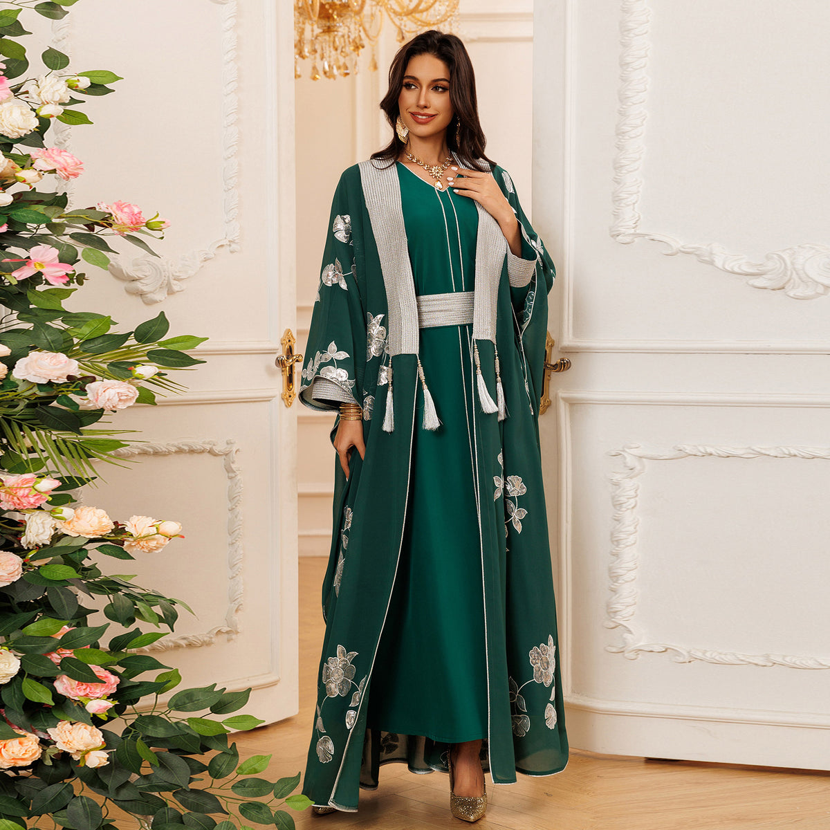 Elegant 2-Piece Embroidered Loose Jalabiya Abaya Set with Inner Slip Dress for Muslim Women Eid Ramadan Modest Maxi Robe