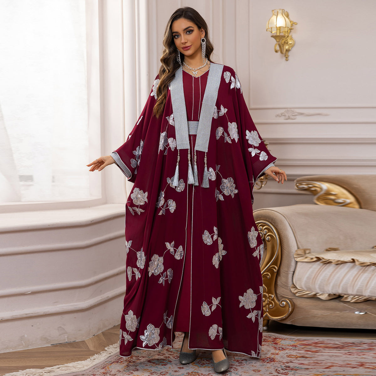 Elegant 2-Piece Embroidered Loose Jalabiya Abaya Set with Inner Slip Dress for Muslim Women Eid Ramadan Modest Maxi Robe