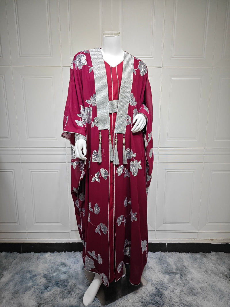 Elegant 2-Piece Embroidered Loose Jalabiya Abaya Set with Inner Slip Dress for Muslim Women Eid Ramadan Modest Maxi Robe
