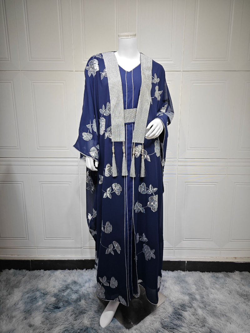 Elegant 2-Piece Embroidered Loose Jalabiya Abaya Set with Inner Slip Dress for Muslim Women Eid Ramadan Modest Maxi Robe
