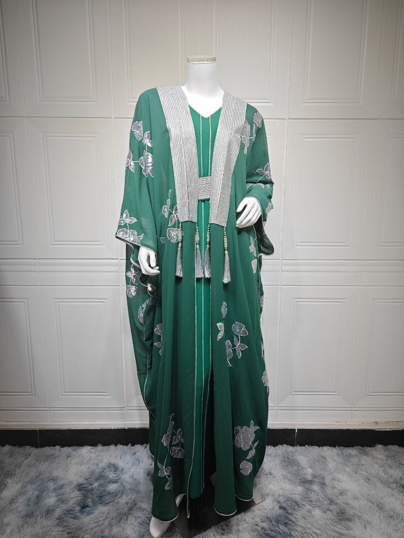 Elegant 2-Piece Embroidered Loose Jalabiya Abaya Set with Inner Slip Dress for Muslim Women Eid Ramadan Modest Maxi Robe