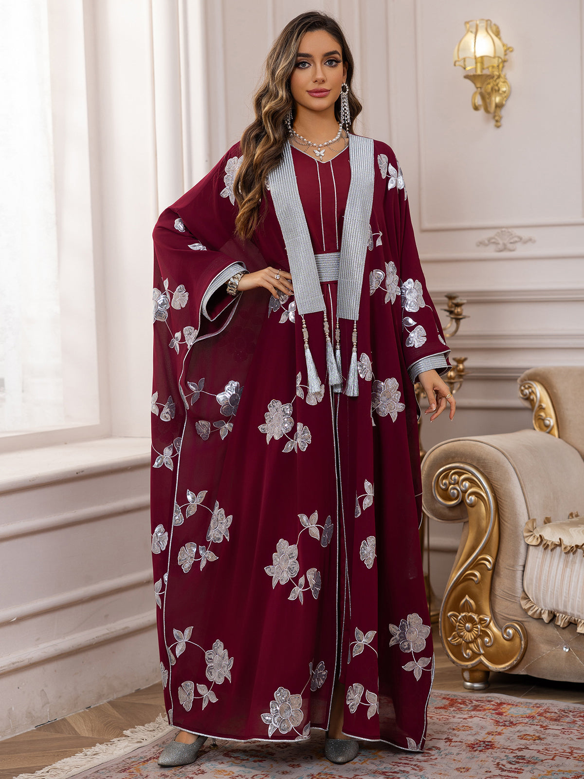 Elegant 2-Piece Embroidered Loose Jalabiya Abaya Set with Inner Slip Dress for Muslim Women Eid Ramadan Modest Maxi Robe