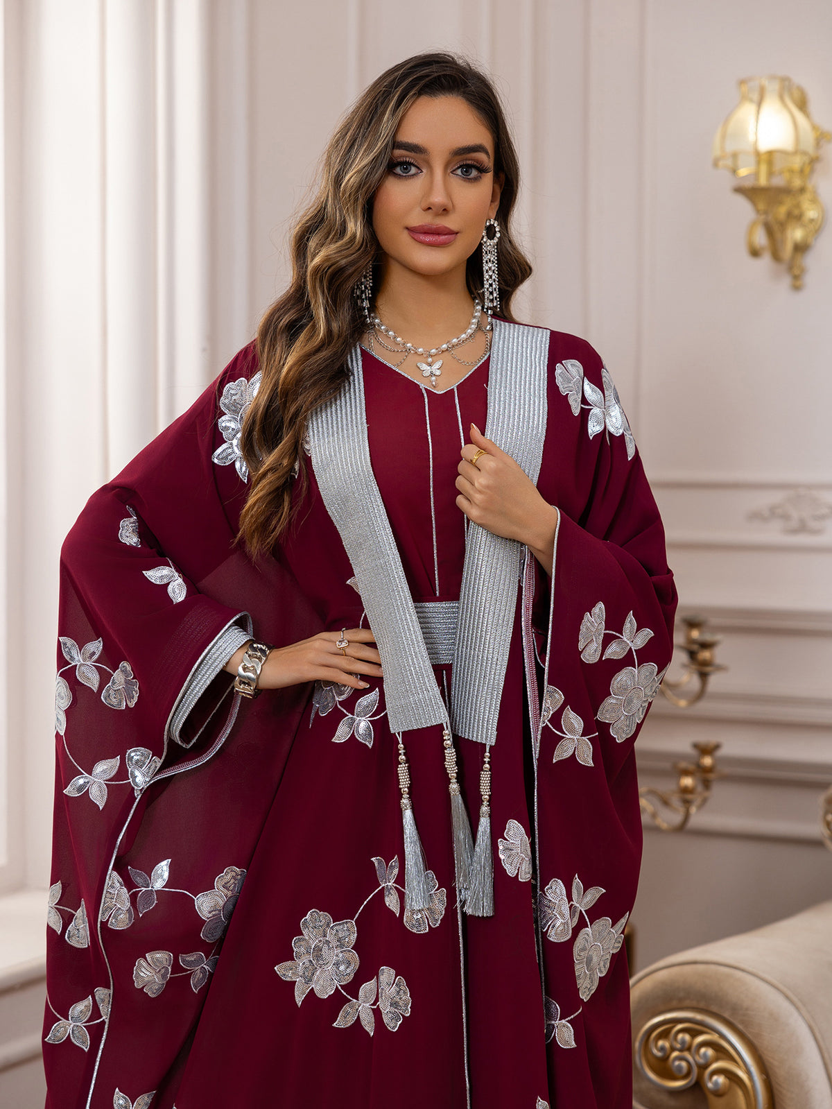 Elegant 2-Piece Embroidered Loose Jalabiya Abaya Set with Inner Slip Dress for Muslim Women Eid Ramadan Modest Maxi Robe