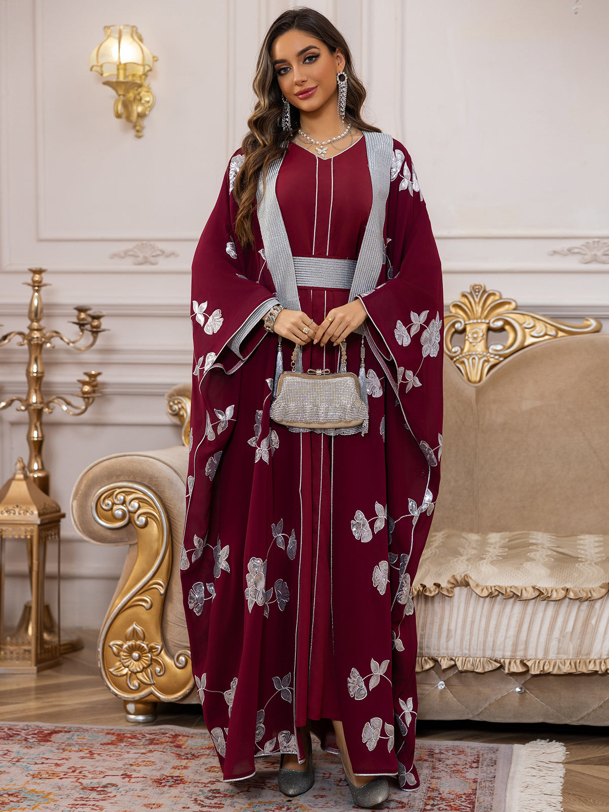 Elegant 2-Piece Embroidered Loose Jalabiya Abaya Set with Inner Slip Dress for Muslim Women Eid Ramadan Modest Maxi Robe