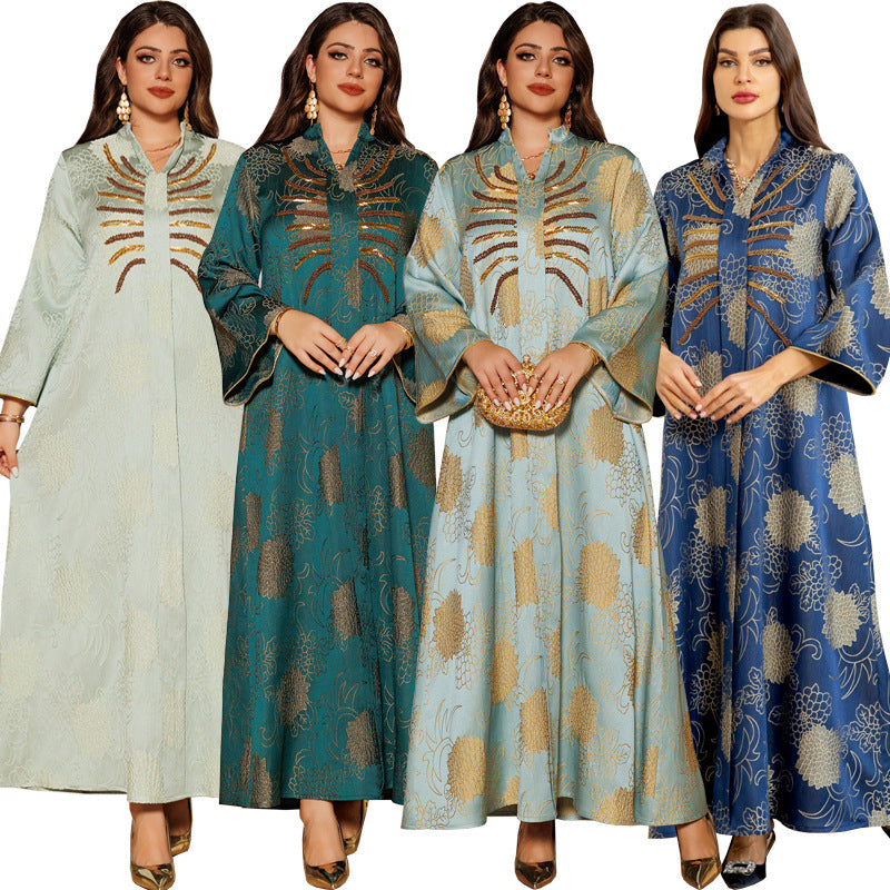 Dubai V-Neck Jacquard Beaded Maxi Abaya Dress for Muslim Women Elegant Long Kaftan Robe Eid Ramadan Festive Celebration Gown
