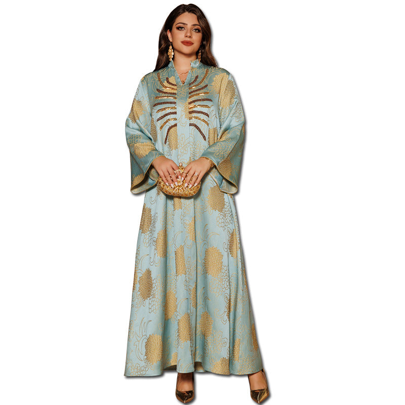 Dubai V-Neck Jacquard Beaded Maxi Abaya Dress for Muslim Women Elegant Long Kaftan Robe Eid Ramadan Festive Celebration Gown