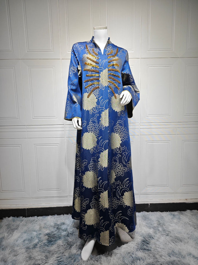 Dubai V-Neck Jacquard Beaded Maxi Abaya Dress for Muslim Women Elegant Long Kaftan Robe Eid Ramadan Festive Celebration Gown