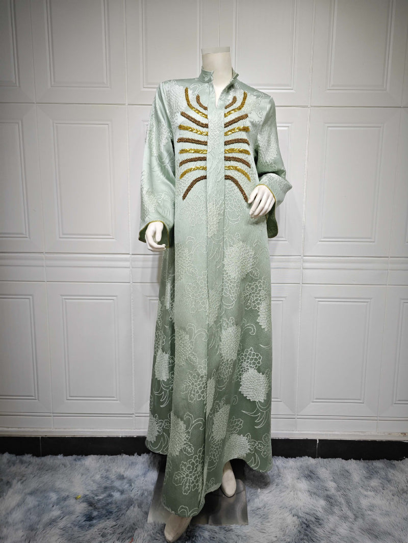 Dubai V-Neck Jacquard Beaded Maxi Abaya Dress for Muslim Women Elegant Long Kaftan Robe Eid Ramadan Festive Celebration Gown