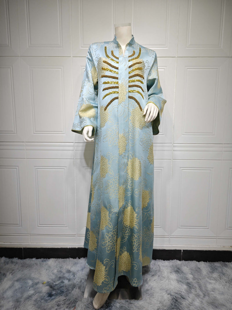 Dubai V-Neck Jacquard Beaded Maxi Abaya Dress for Muslim Women Elegant Long Kaftan Robe Eid Ramadan Festive Celebration Gown