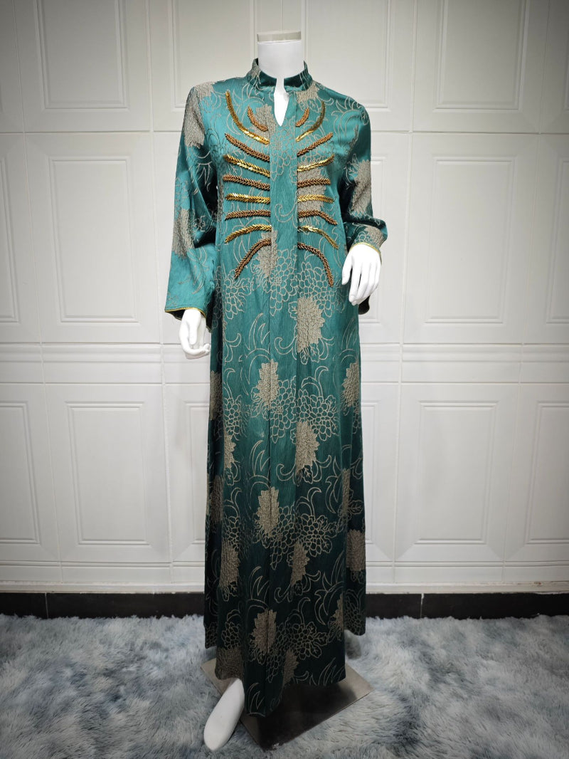 Dubai V-Neck Jacquard Beaded Maxi Abaya Dress for Muslim Women Elegant Long Kaftan Robe Eid Ramadan Festive Celebration Gown