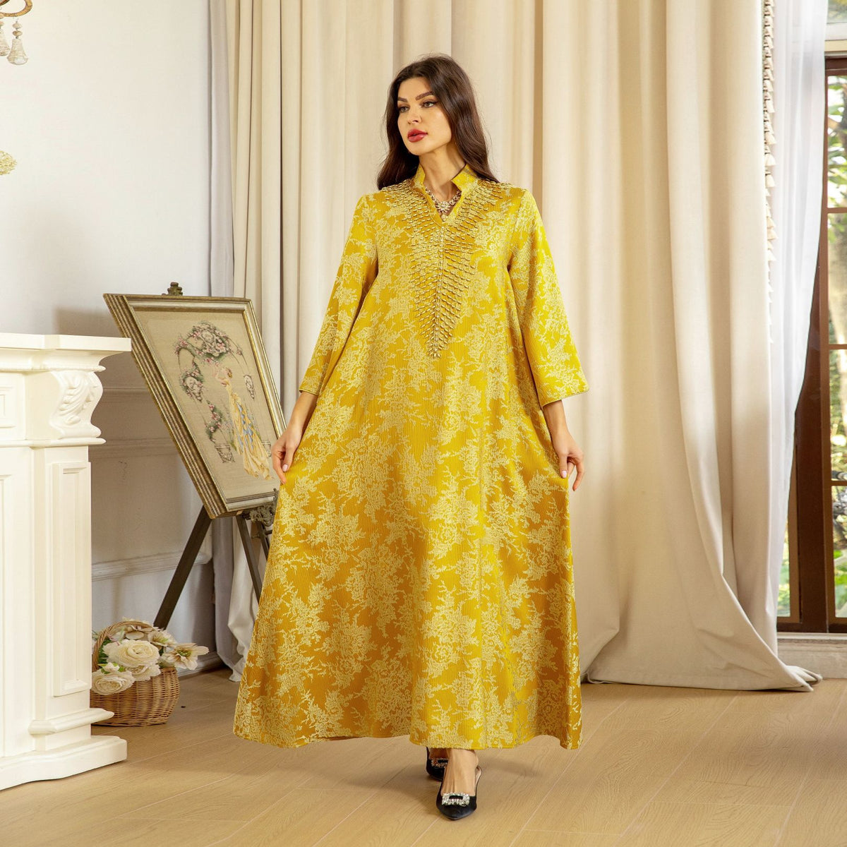 Luxury Jacquard Embroidered Beaded Kaftan Maxi Dress for Muslim Women Elegant Evening Gown Eid Ramadan Festive Banquet Robe