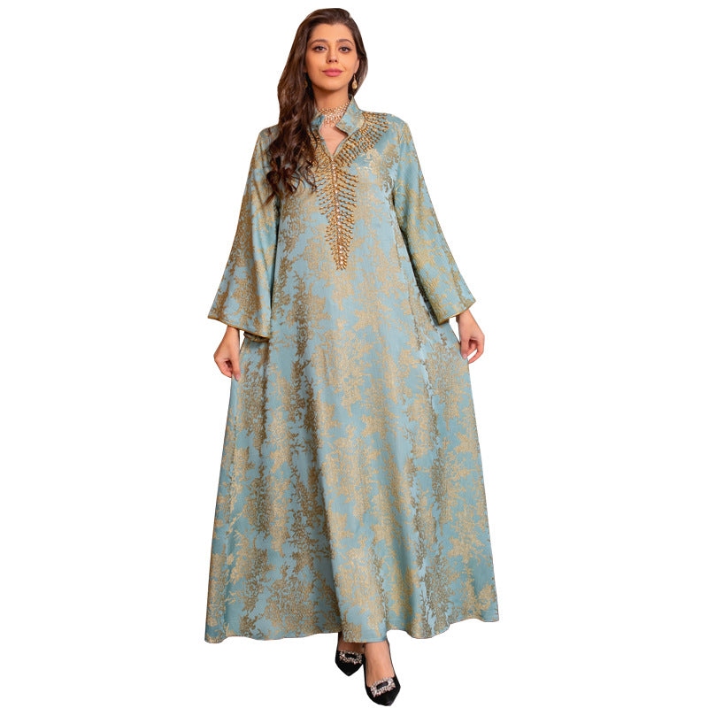 Luxury Jacquard Embroidered Beaded Kaftan Maxi Dress for Muslim Women Elegant Evening Gown Eid Ramadan Festive Banquet Robe