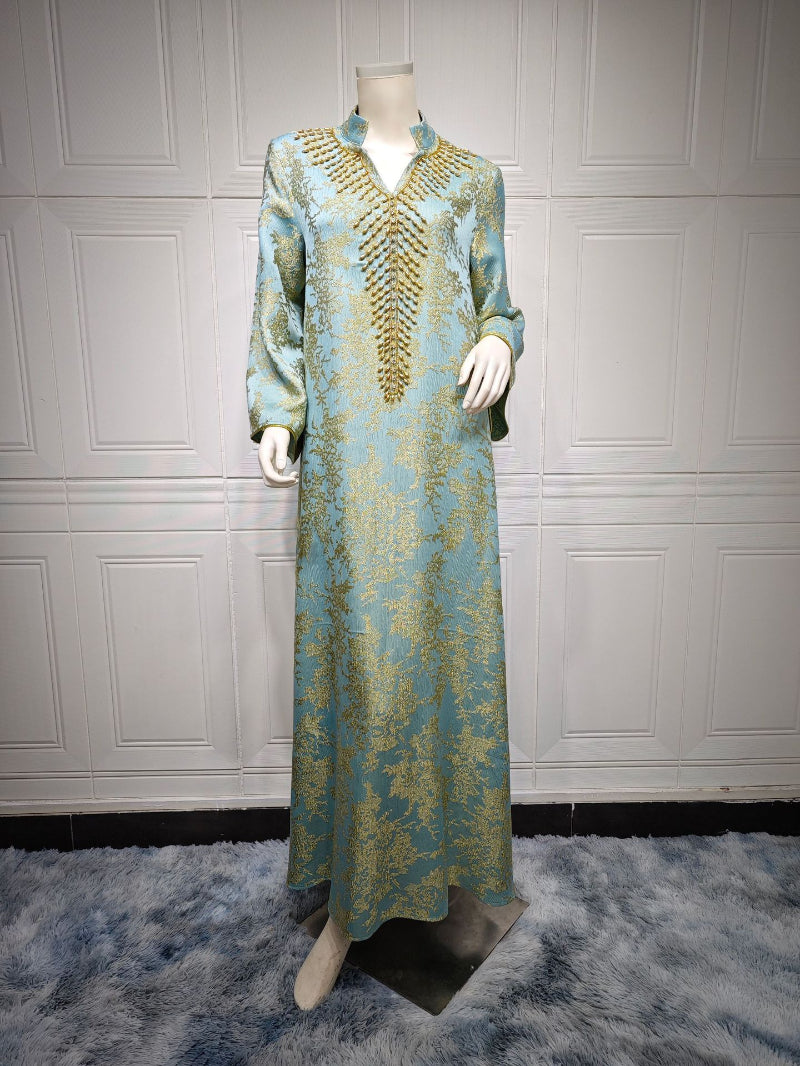 Luxury Jacquard Embroidered Beaded Kaftan Maxi Dress for Muslim Women Elegant Evening Gown Eid Ramadan Festive Banquet Robe