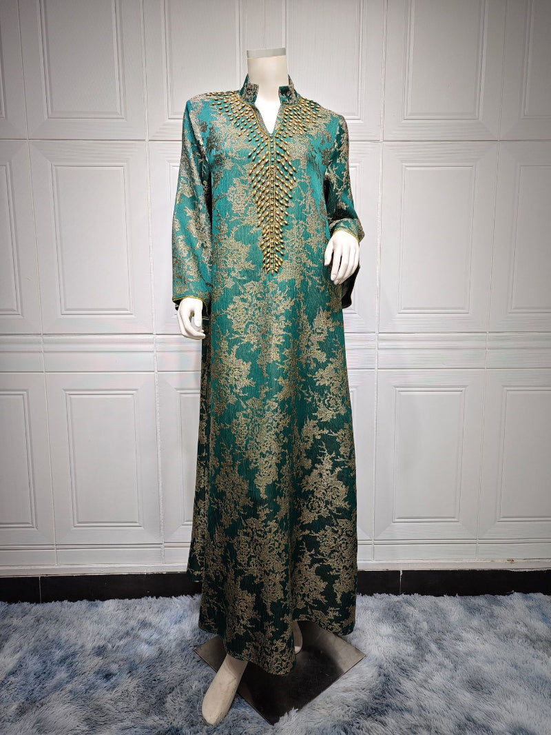 Luxury Jacquard Embroidered Beaded Kaftan Maxi Dress for Muslim Women Elegant Evening Gown Eid Ramadan Festive Banquet Robe