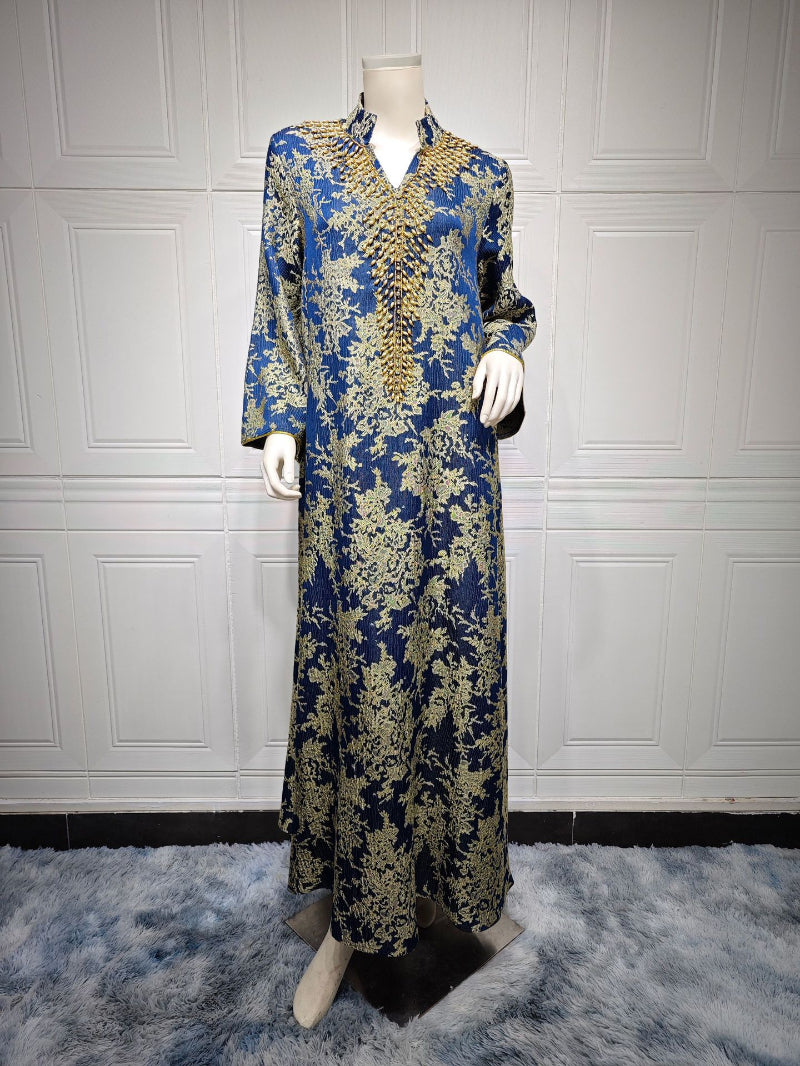 Luxury Jacquard Embroidered Beaded Kaftan Maxi Dress for Muslim Women Elegant Evening Gown Eid Ramadan Festive Banquet Robe