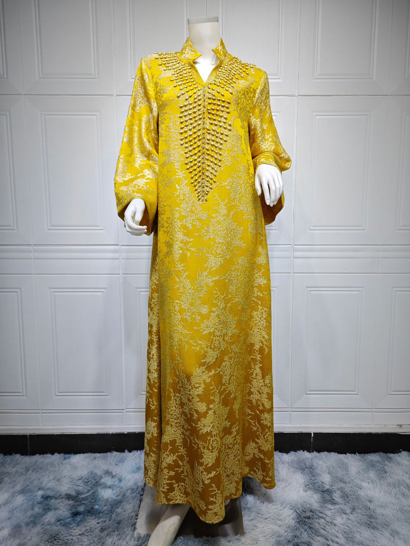 Luxury Jacquard Embroidered Beaded Kaftan Maxi Dress for Muslim Women Elegant Evening Gown Eid Ramadan Festive Banquet Robe