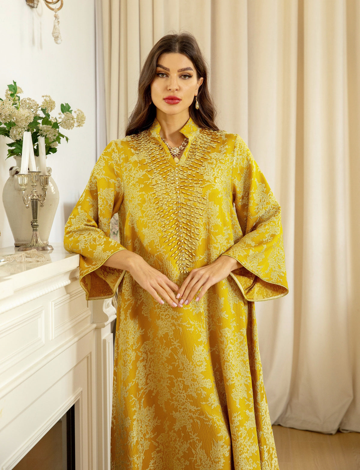 Luxury Jacquard Embroidered Beaded Kaftan Maxi Dress for Muslim Women Elegant Evening Gown Eid Ramadan Festive Banquet Robe