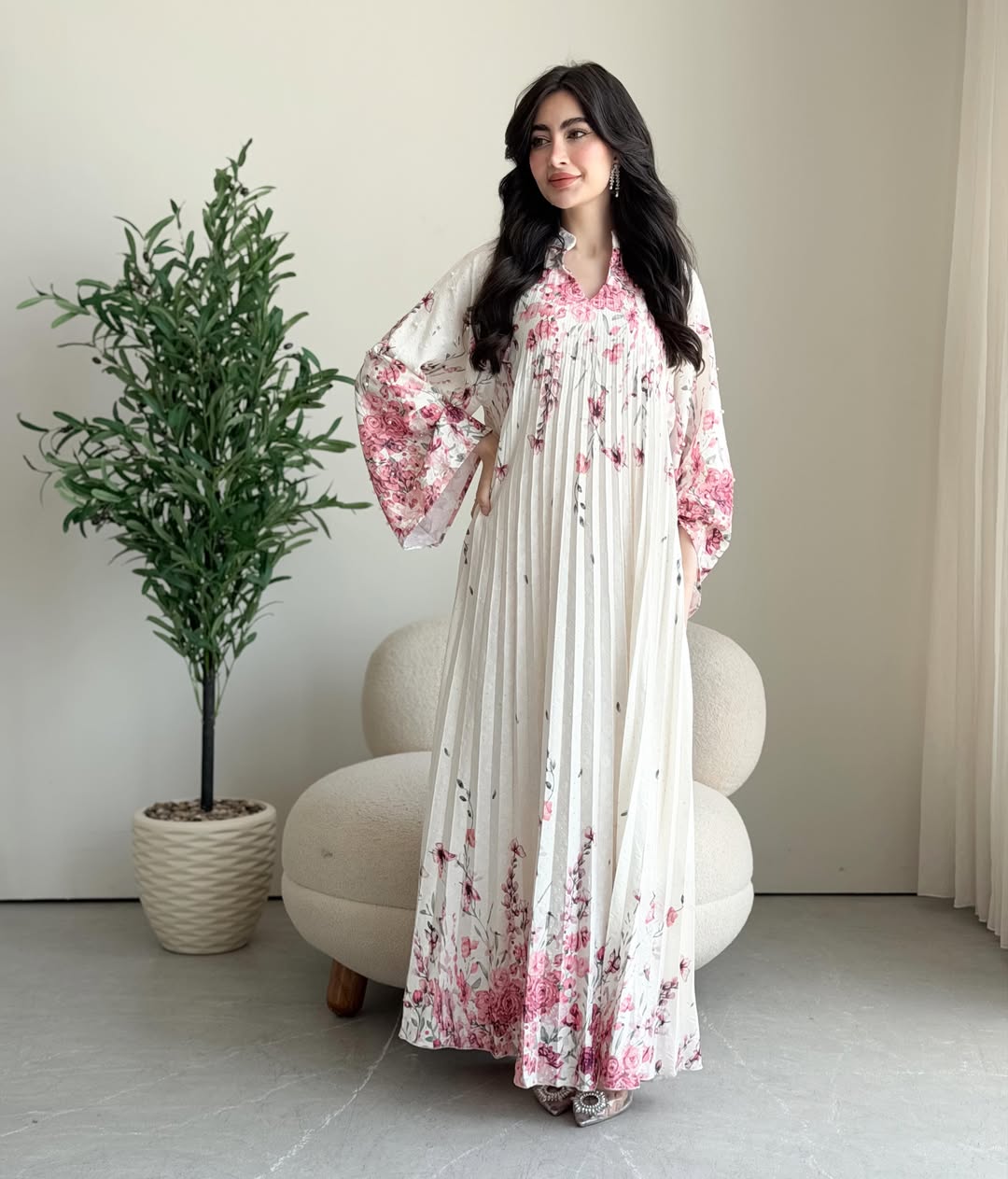 2026 Floral Print Stand Collar V Notch Pleated Smocking Front Beaded Pearl Accent Wide Flare Sleeve Loose Maxi Kaftan Abaya Jalabiya Modest Dress 2 Colors Pink Blue For Muslim Women Eid Ramadan Daily Casual