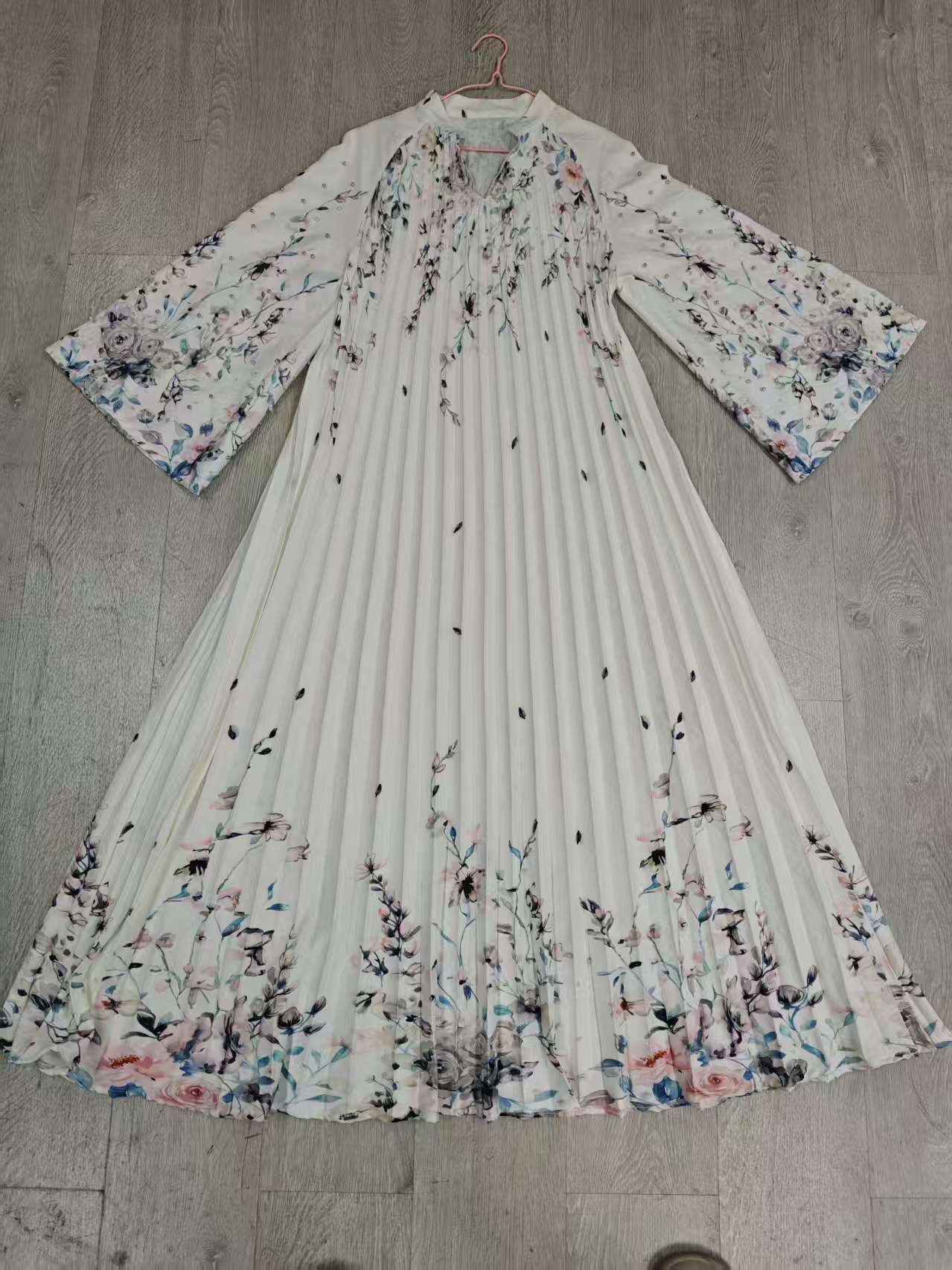 2026 Floral Print Stand Collar V Notch Pleated Smocking Front Beaded Pearl Accent Wide Flare Sleeve Loose Maxi Kaftan Abaya Jalabiya Modest Dress 2 Colors Pink Blue For Muslim Women Eid Ramadan Daily Casual
