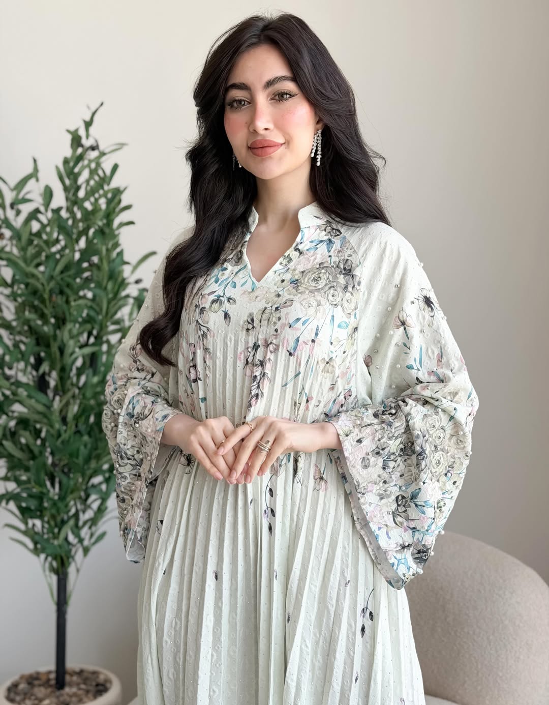 2026 Floral Print Stand Collar V Notch Pleated Smocking Front Beaded Pearl Accent Wide Flare Sleeve Loose Maxi Kaftan Abaya Jalabiya Modest Dress 2 Colors Pink Blue For Muslim Women Eid Ramadan Daily Casual