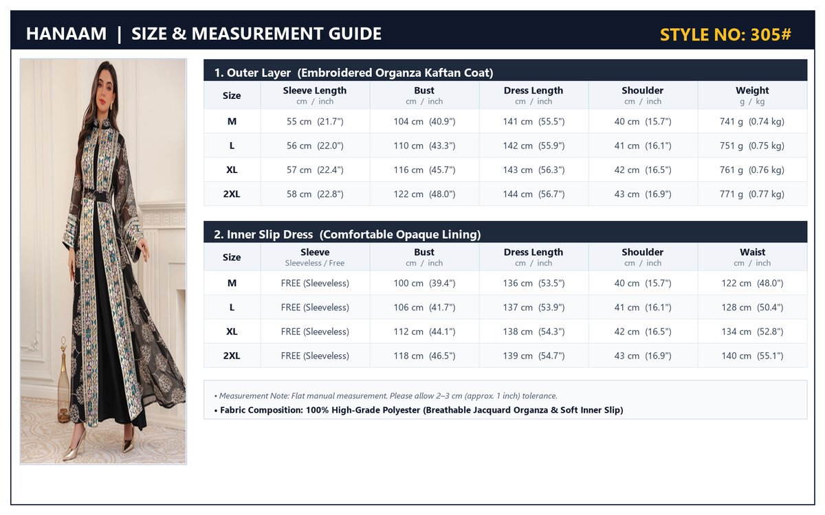 Hanaam 305 Luxury Embroidered 2-Piece Abaya Set English Size & Measurement Guide