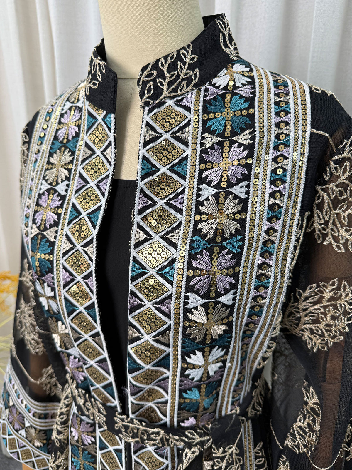 Black 2-Piece Abaya Set - Moroccan Embroidery Placket Close-Up