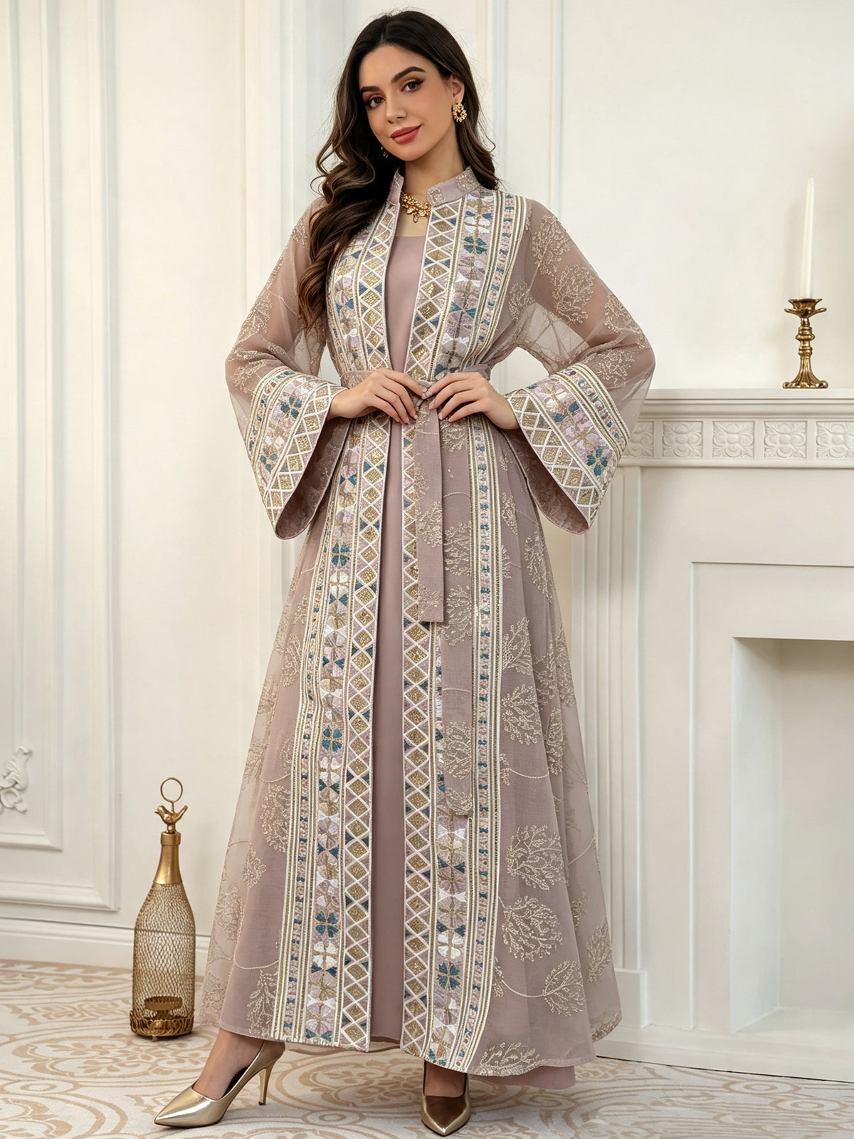 Dusty Pink 2-Piece Abaya Set - Front Standing View