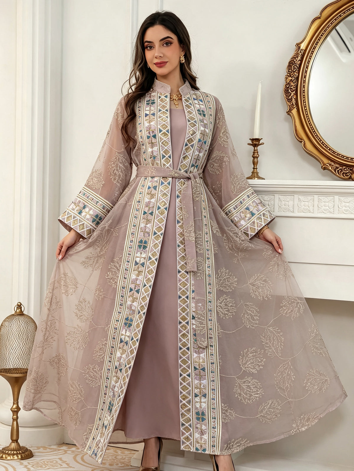 Dusty Pink 2-Piece Abaya Set - Bodice & Sleeve Embroidery Detail