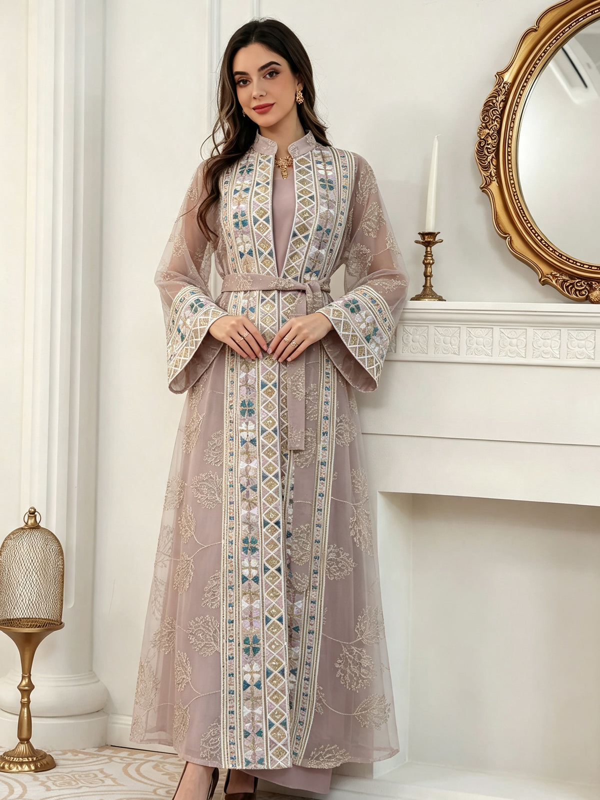 Dusty Pink 2-Piece Abaya Set - Side Profile & Inner Slip Drape