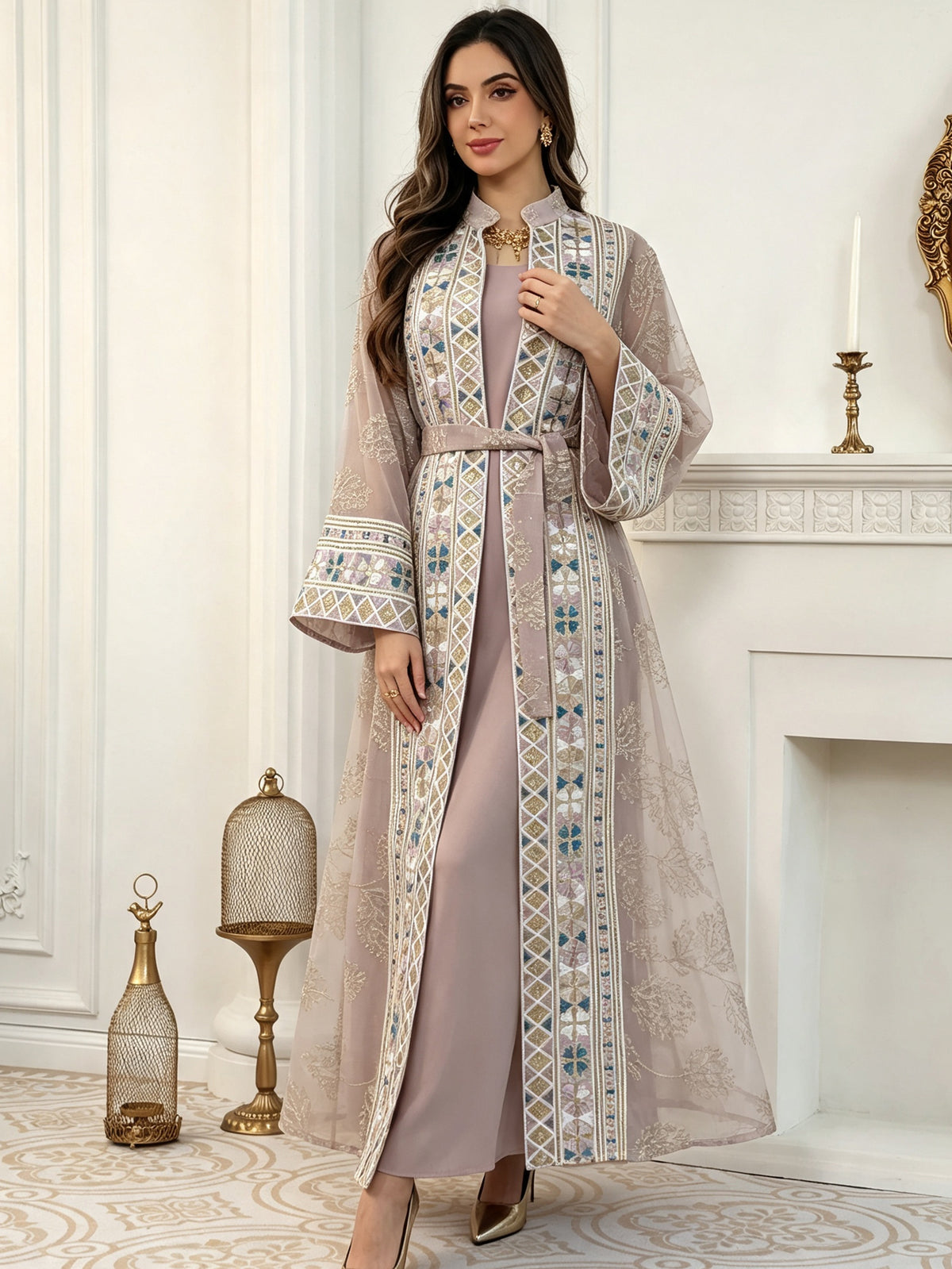 Dusty Pink 2-Piece Abaya Set - Back View & Silky Organza Texture