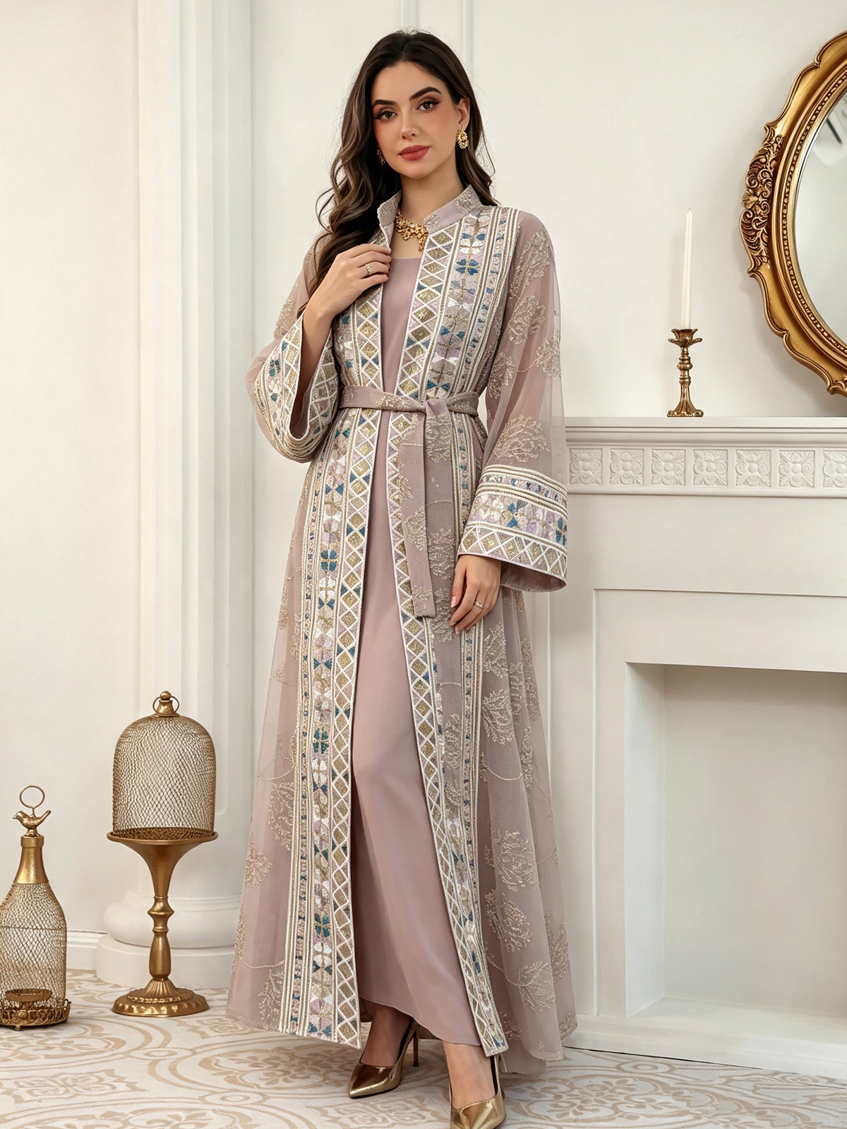 Dusty Pink 2-Piece Abaya Set - Full Length High-Res Model Shot