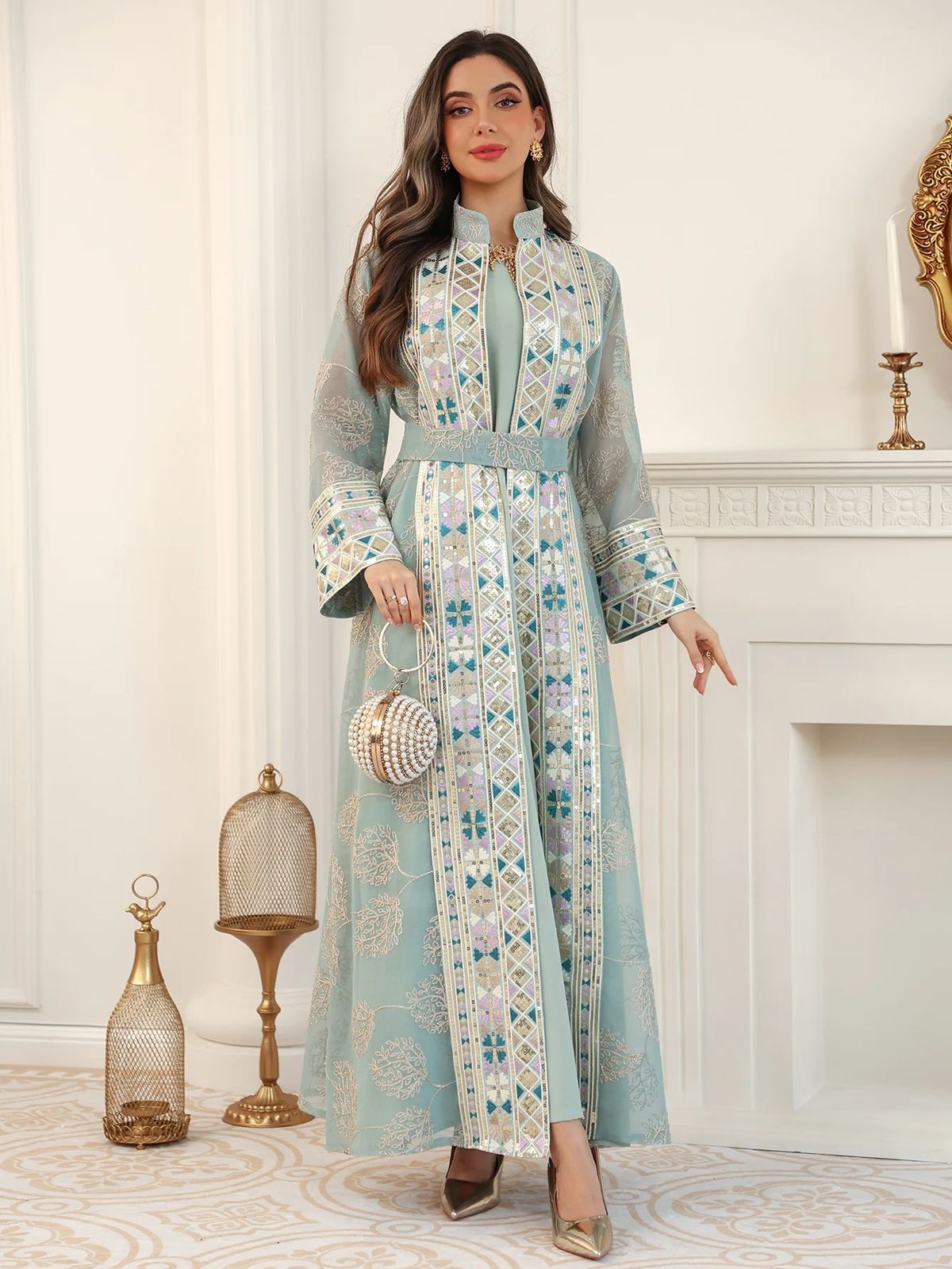 Sage Green 2-Piece Abaya Set - Front Standing View