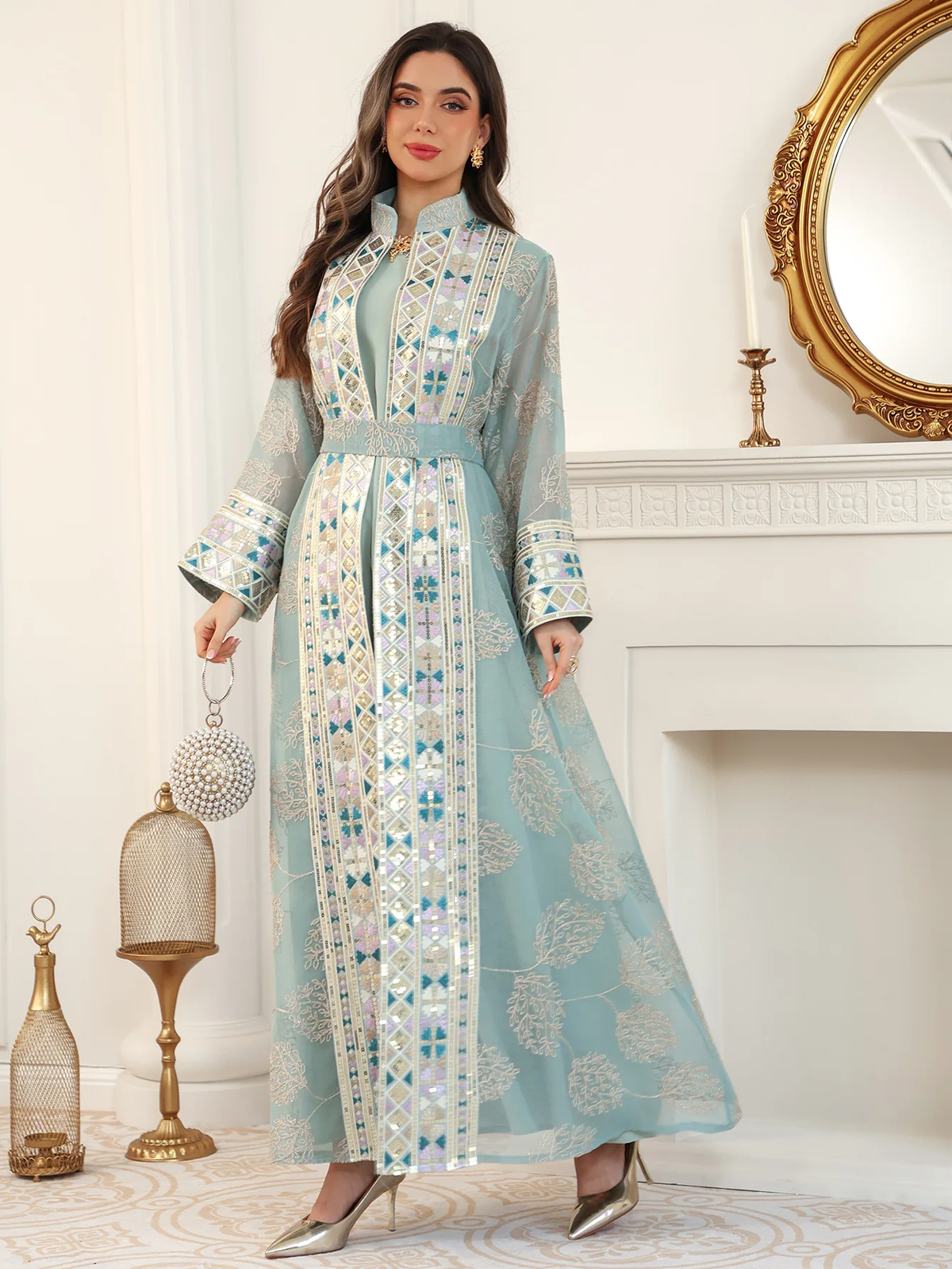 Sage Green 2-Piece Abaya Set - Full Length Model Shot