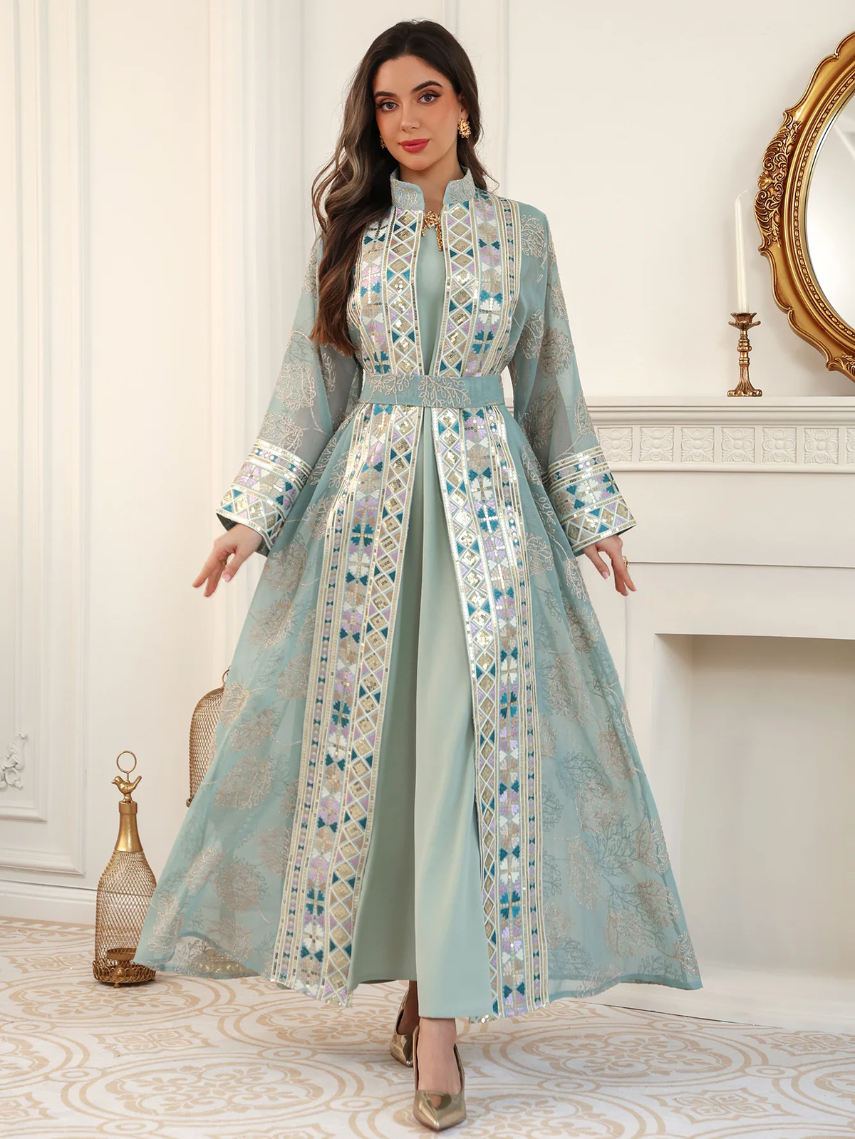 Sage Green 2-Piece Abaya Set - Waistline & Handcrafted Embroidery Detail