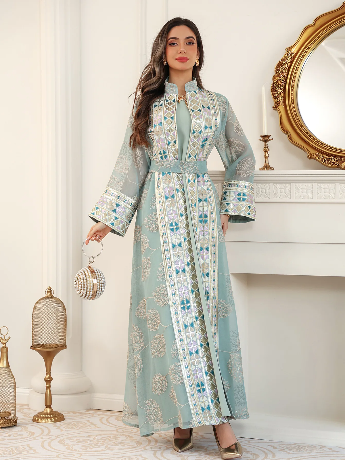 Sage Green 2-Piece Abaya Set - Side Flow & Flare Silhouette